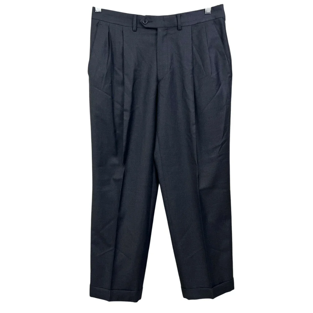 Santorelli Men Wool Dress Trouser Pants Pleated Pockets Cuffed Hem Charcoal 32*